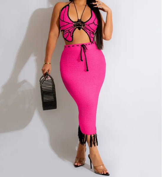 Women Sexy Butterfly Halter Knitted Two Piece Skirt Set