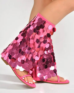 Women Fashion Flat Sequins Mid-Calf Boots
