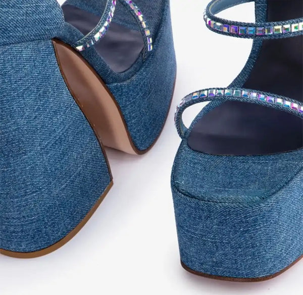 Women Fashion Platform Denim Bling Ankle Strap Sandals