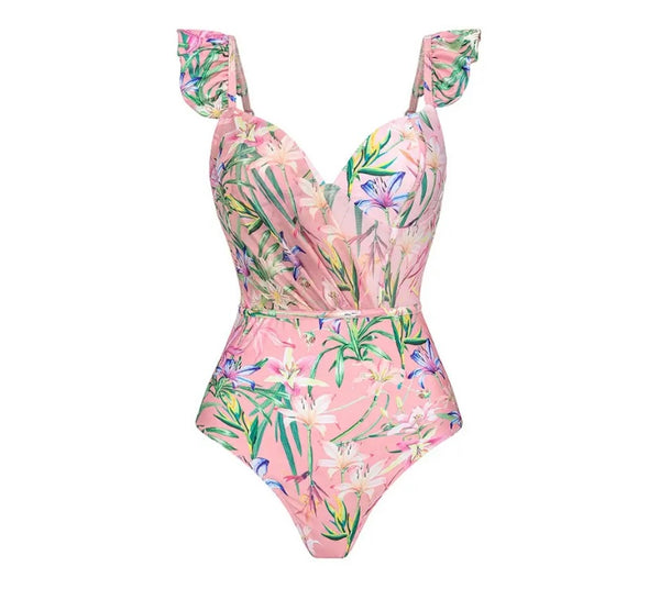 Women Sexy Pink Floral Swimsuit Ruffled Skirt Cover Up Set