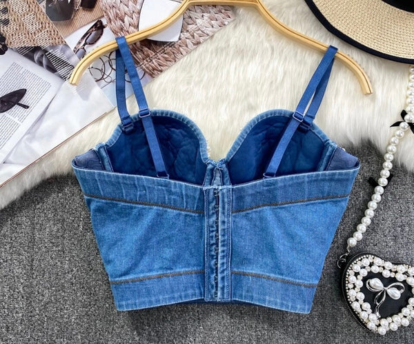 Women Sleeveless Fashion Sexy Pearl Denim Crop Top