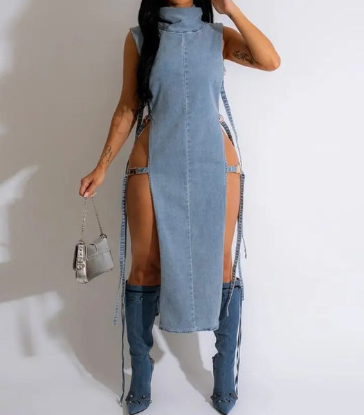 Women Sexy Open Side Turtleneck Buckled Denim Top