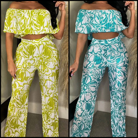 Women Ruffled Off The Shoulder Crop Two Piece Pant Set