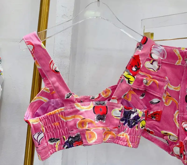 Women Pink Printed Sexy Fashion Sleeveless Crop Two Piece Short Set