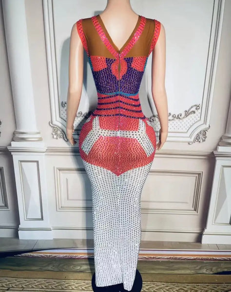 Women Sexy Sleeveless Crystal Mesh Maxi Dress