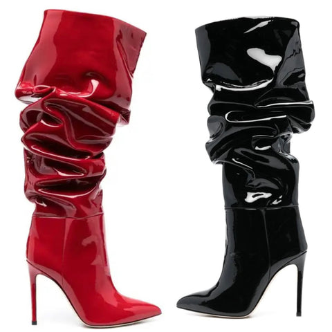 Women Fashion Ruched Patent Leather Knee High Boots