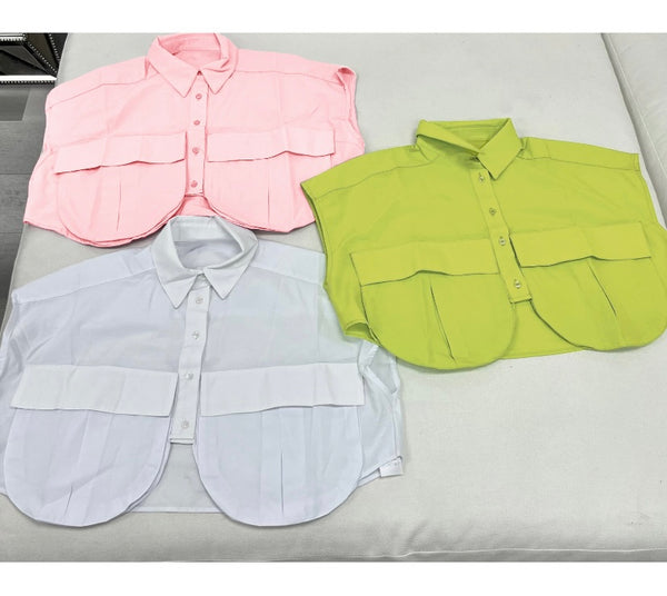 Women Solid Color Button Up Short Sleeve Fashion Crop Top