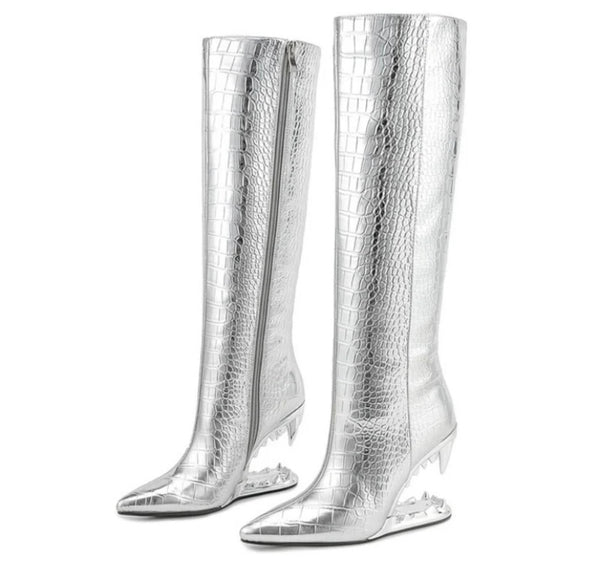 Women Fashion Silver Platform Knee High Boots