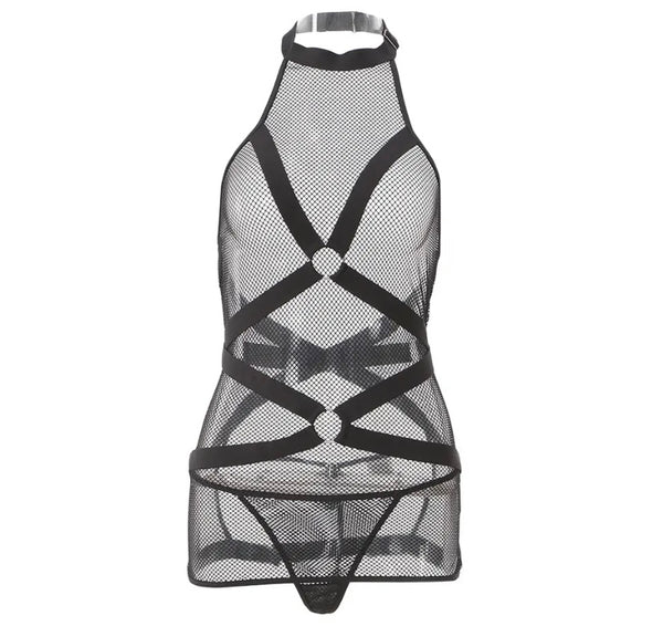 Women Sexy Halter Fishnet Black Lingerie Set