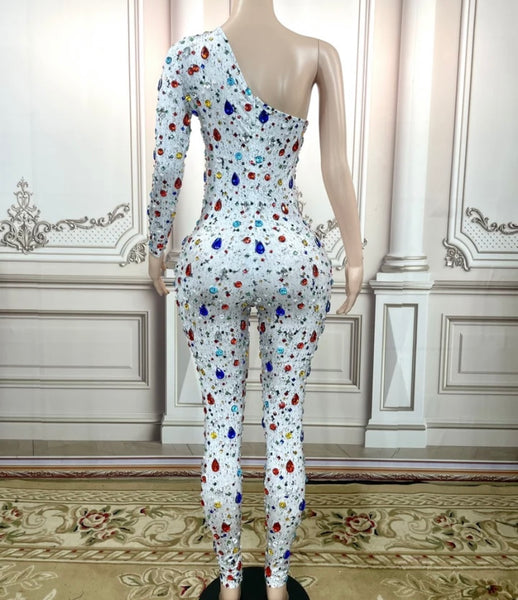 Women One Shoulder Bling Gem Fashion Jumpsuit