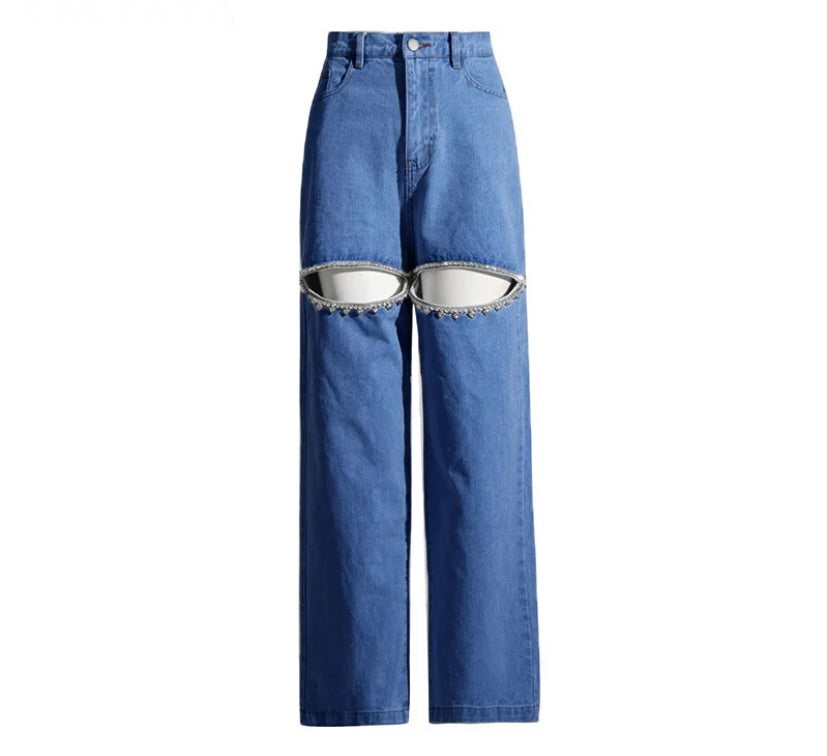 Women Fashion Cut Out Rhinestone Patchwork Denim Pants