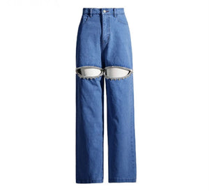 Women Fashion Cut Out Rhinestone Patchwork Denim Pants