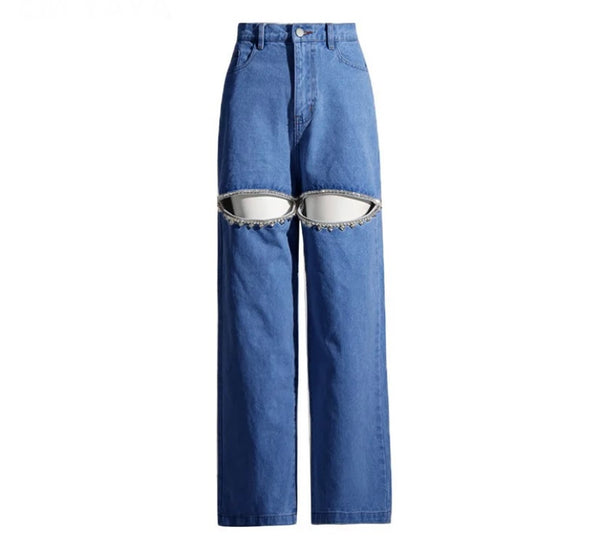 Women Fashion Cut Out Rhinestone Patchwork Denim Pants