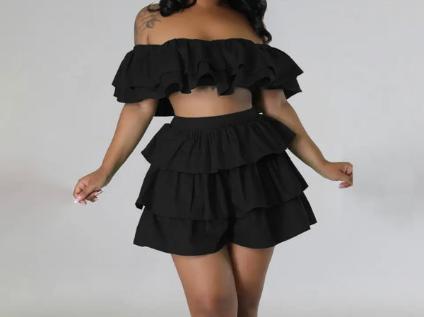 Women Sexy Off The Shoulder Ruffled Two Piece Skirt Set