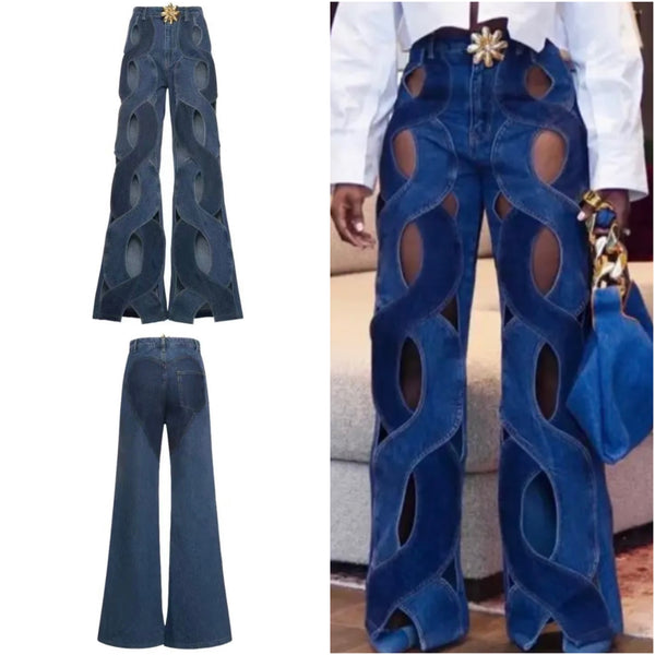 Women Hollow Out Fashion Loose Fit Denim Pants