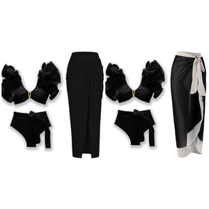 Women Sexy Black Ruffled Sleeve Bikini Cover Up Set