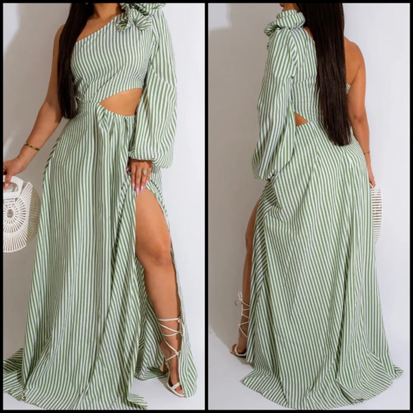 Women Striped Sexy One Shoulder Cut Out Maxi Dress