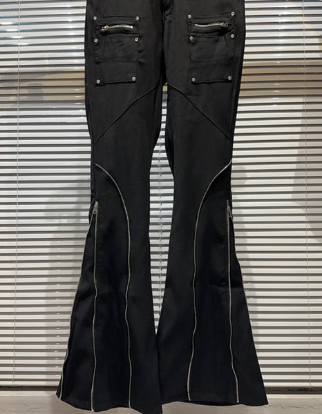 Women Black Zipper Fashion Wide Leg Pants