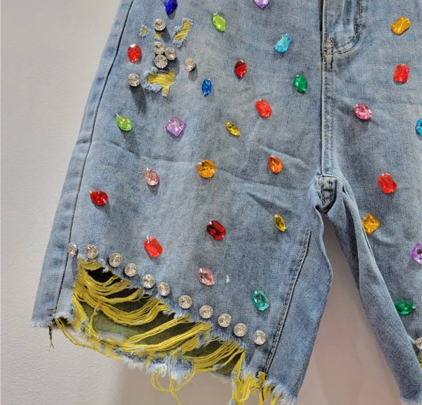 Women Color Ripped Rhinestone Gem Denim Shorts
