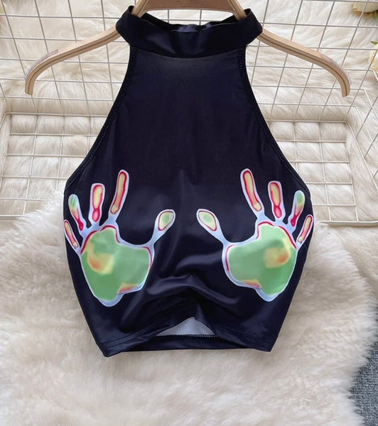 Women Halter Colorful Hand Print Two Piece Skirt Set