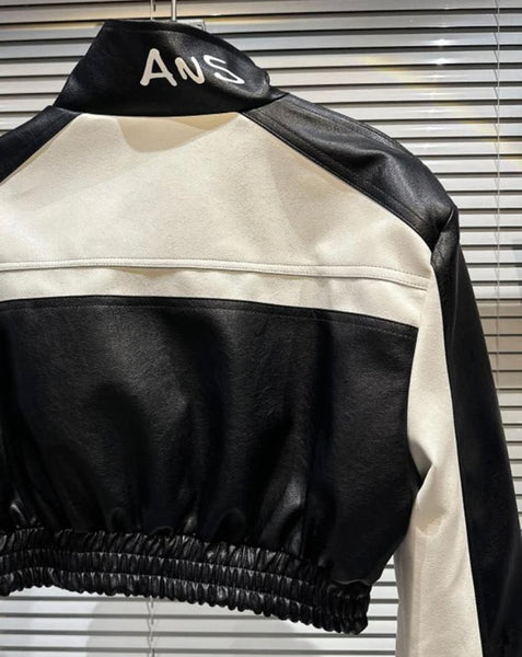 Women B&W Fashion Faux Leather Crop Jacket