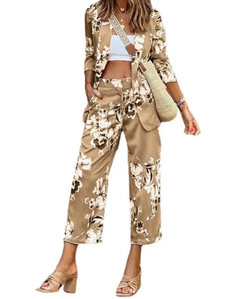 Women Fashion Floral Blazer Two Piece Pant Set