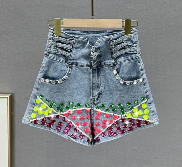 Women Fashion Neon Gem Patchwork Denim Shorts