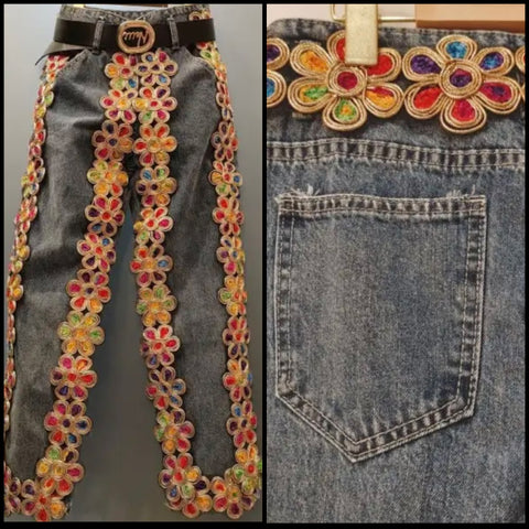 Women Fashion Colorful Floral Metal Denim Pants