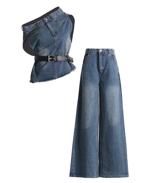 Women Fashion Sleeveless Denim Two Piece Pant Set