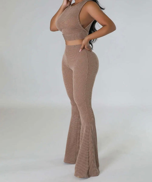Women Ribbed Sleeveless Solid Color Sexy Two Piece Pant Set