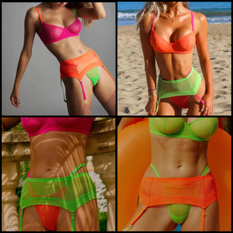 Women Sexy Neon Color Patchwork Mesh Lingerie Set