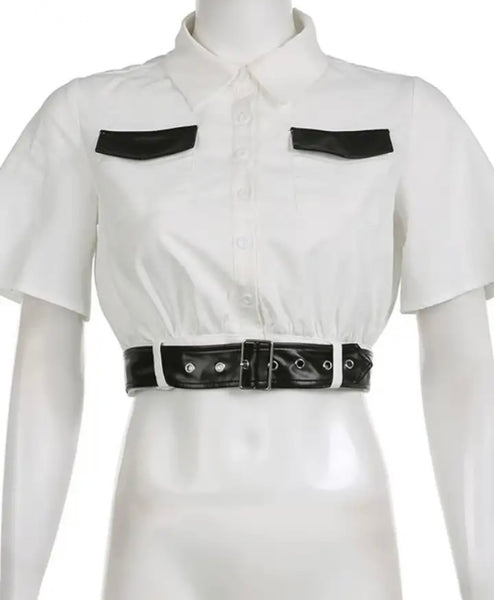 Women Short Sleeve PU Patchwork Belted Crop Top