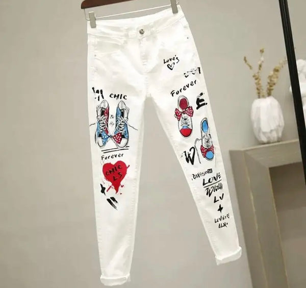 Women White Printed Fashion Denim Pants