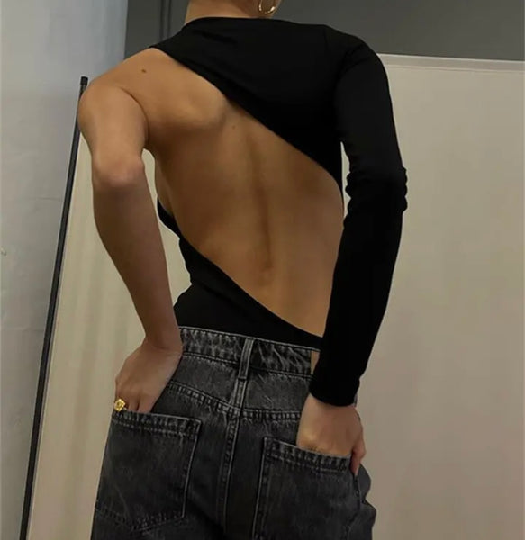 Women Sexy Black One Shoulder Open Back Bodysuit Top