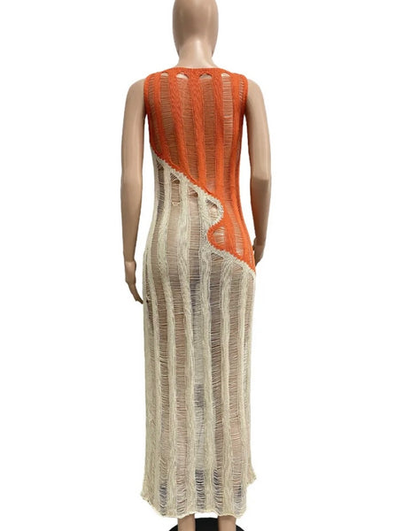 Women Sexy Sleeveless Ripped Color Patchwork Maxi Dress