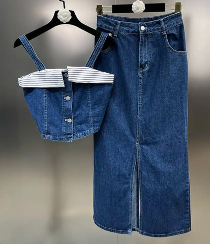 Women Sleeveless Button Up Crop Two Piece Denim Maxi Skirt Set