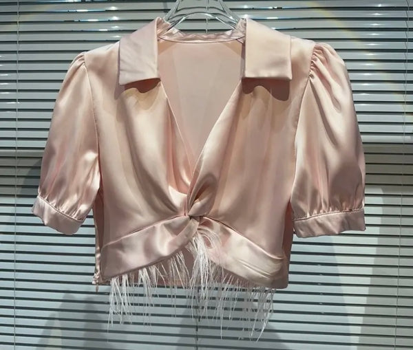 Women Short Sleeve Satin Feather Crop Top