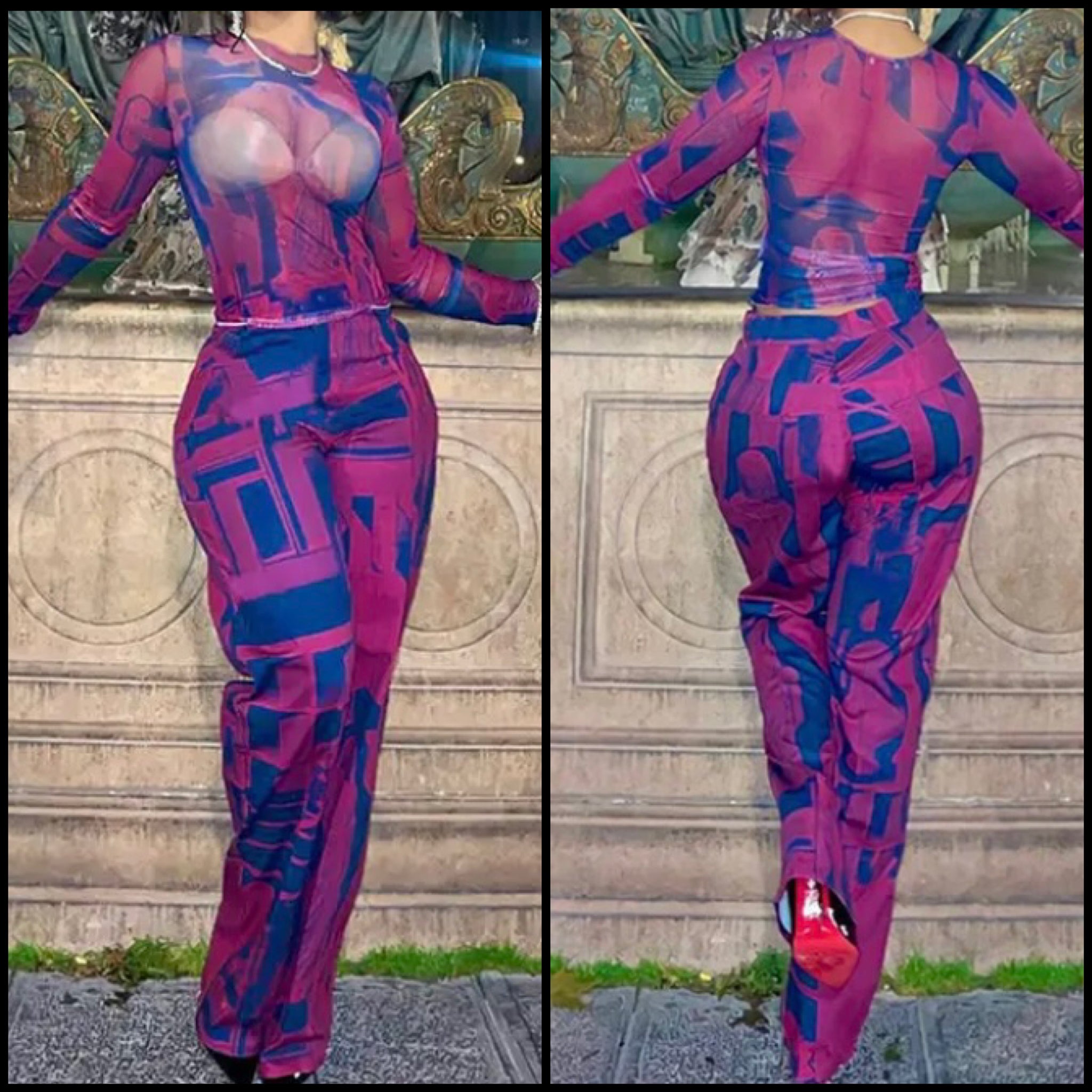 Women Color Patchwork Printed Full Sleeve Mesh Two Piece Pant Set