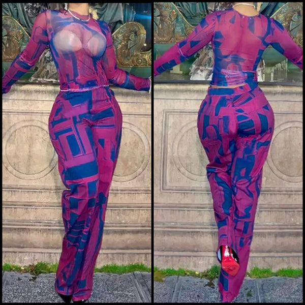 Women Color Patchwork Printed Full Sleeve Mesh Two Piece Pant Set