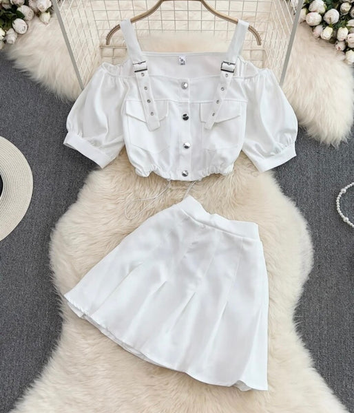 Women Fashion Solid Color Button Up Crop Two Piece Pleated Skirt Set