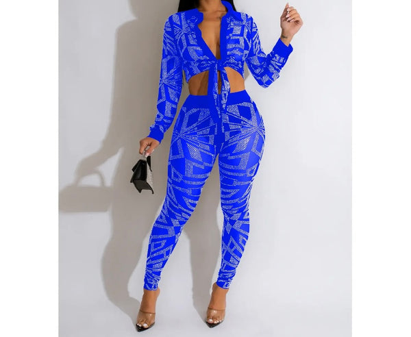 Women Full Sleeve Bling Mesh Button Up Two Piece Pant Set