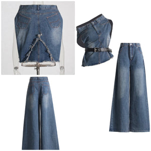 Women Fashion Sleeveless Denim Two Piece Pant Set