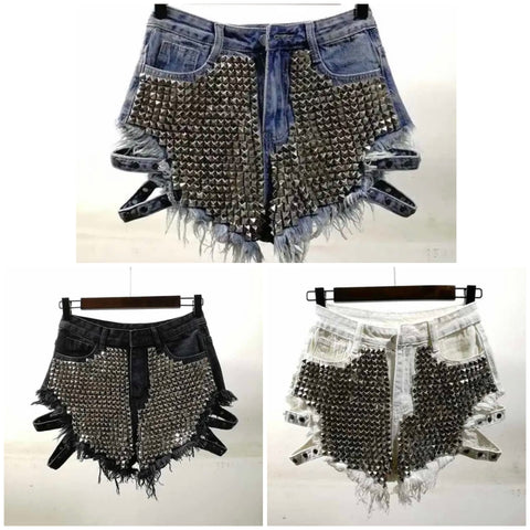 Women Rivet Fashion Ripped Denim Mini Shorts