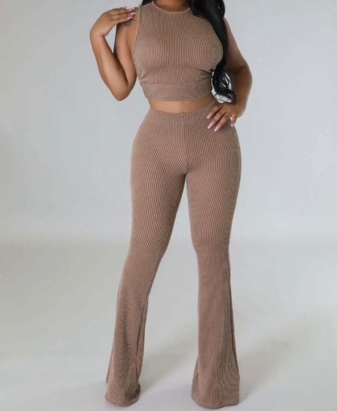 Women Ribbed Sleeveless Solid Color Sexy Two Piece Pant Set