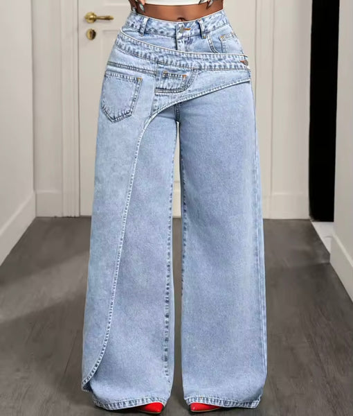 Women Fashion Blue Pocket Wrap Denim Pants