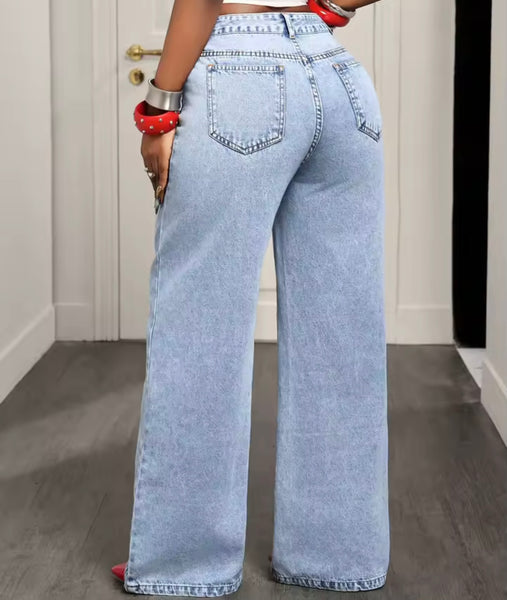 Women Fashion Blue Pocket Wrap Denim Pants