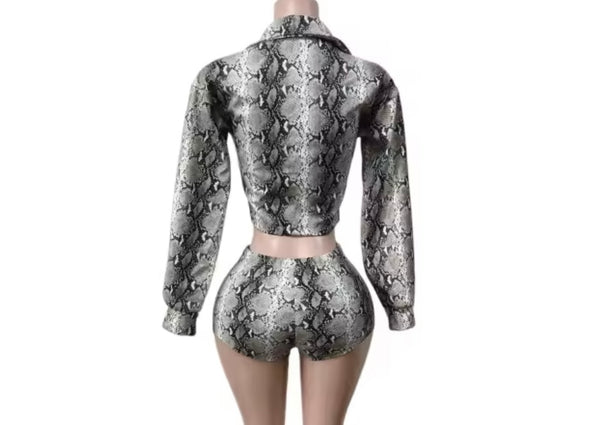 Women Fashion Snake Print Full Sleeve PU Two Piece Short Set