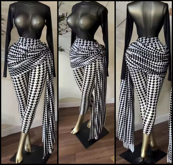 Women Black Mesh Full Sleeve Fashion Two Piece Printed Pant Set