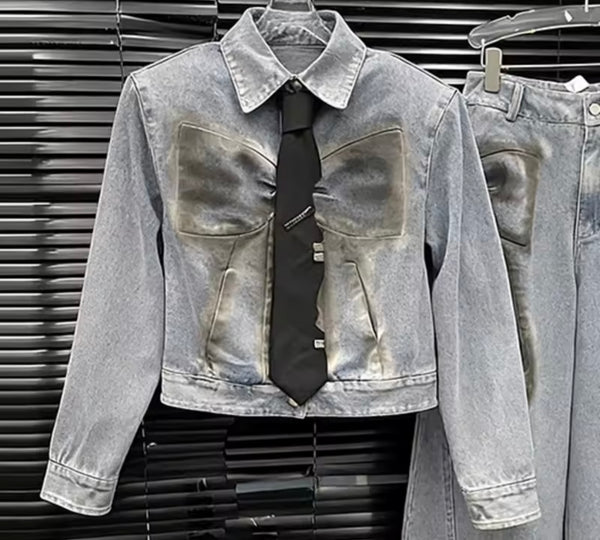 Women Fashion Bow Denim Tie Full Sleeve Two Piece Pant Set