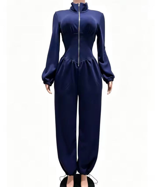 Women Zip Up Full Sleeve Ruched Fashion Jumpsuit
